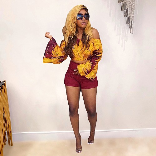 Off Shoulder Flare Sleeve Crop Top+Shorts Suit LSL-6067