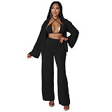 Bra Long Sleeve Shirt Wide Leg Pants 3 Pieces Sets YF-10175