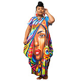 5XL Loose Short Sleeve Printed Plus Size Dresses XMY-9366