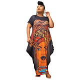 5XL Loose Short Sleeve Printed Plus Size Dresses XMY-9366