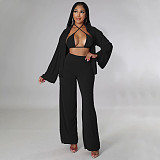 Bra Long Sleeve Shirt Wide Leg Pants 3 Pieces Sets YF-10175