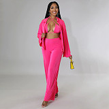 Bra Long Sleeve Shirt Wide Leg Pants 3 Pieces Sets YF-10175