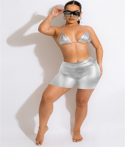 PU Leather Bikini Cover Ups 2 Piece Shorts Set TE-4432