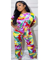 Abstract Print Short Sleeve Lace Up Jumpsuits ANDI-1372