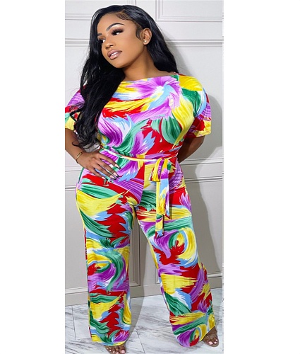 Abstract Print Short Sleeve Lace Up Jumpsuits ANDI-1372