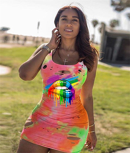 Sexy Ripped Lip Print Sleeveless Hip Wrap Nightclub Dress MLS-8062