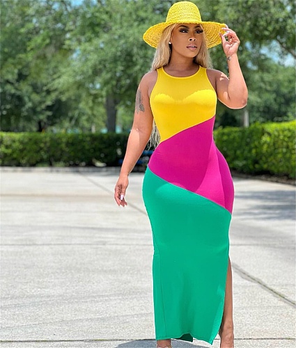 Color Block Sleeveless Bodycon Floor-Length Dress ORY-5232