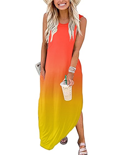 Gradient Print Loose Pocket Sleeveless Split Maxi Dress HX-1161