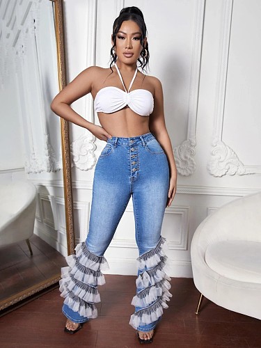High Waist Mesh Patchwork Stretch Denim Flared Pants LX-6935