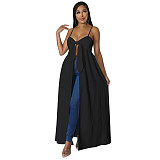 5XL Bow Spaghetti Sleeveless Long Split T Shirt Tops YF-10176