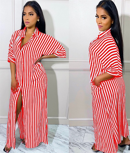 Striped Loose Casual Button Up Half Sleeve Shirt Dress ANDI-1370