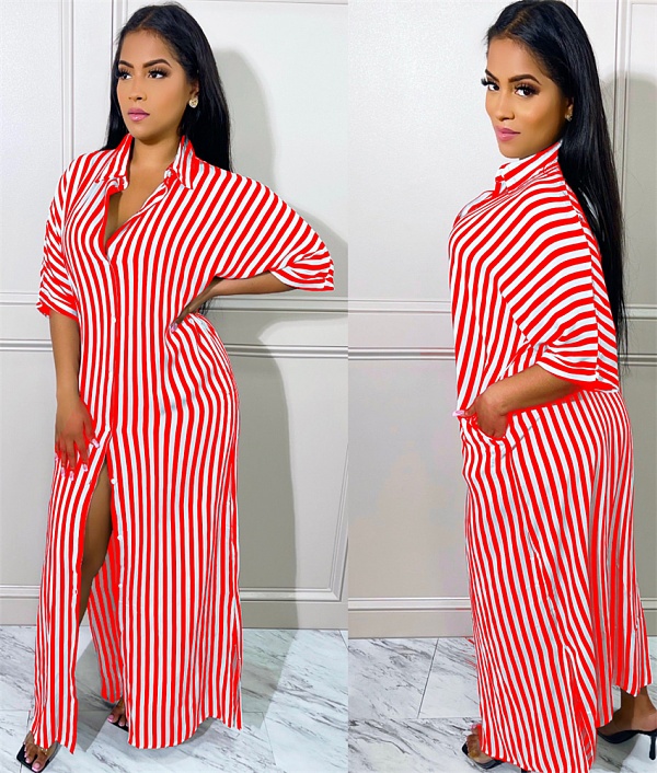 Striped Loose Casual Button Up Half Sleeve Shirt Dress ANDI-1370