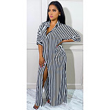 Striped Loose Casual Button Up Half Sleeve Shirt Dress ANDI-1370