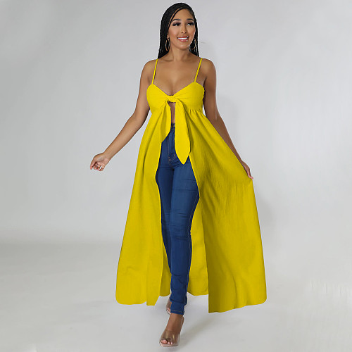 5XL Bow Spaghetti Sleeveless Long Split T Shirt Tops YF-10176