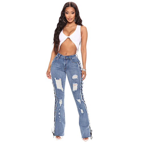 Stretch High Waist Bandage Flare Denim Pants LX-5522