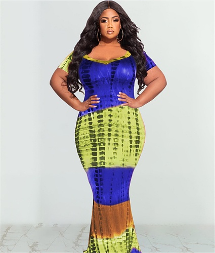 Tie Dye Short Sleeve Floor Length Plus Size Dress OSS-22290