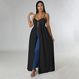 5XL Bow Spaghetti Sleeveless Long Split T Shirt Tops YF-10176