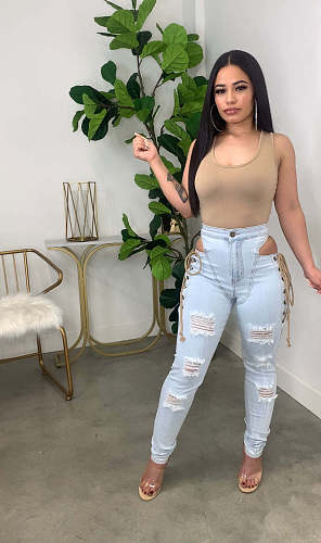 Cut Out Bandage Ripped Hole Denim Pencil Pants LA-3317