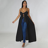 5XL Bow Spaghetti Sleeveless Long Split T Shirt Tops YF-10176