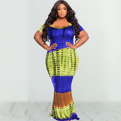 Tie Dye Short Sleeve Floor Length Plus Size Dress OSS-22290