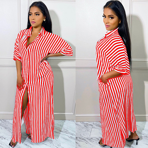 Striped Loose Casual Button Up Half Sleeve Shirt Dress ANDI-1370