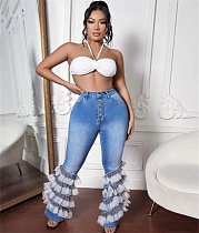 High Waist Mesh Patchwork Stretch Denim Flared Pants LX-6935