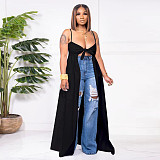 5XL Bow Spaghetti Sleeveless Long Split T Shirt Tops YF-10176