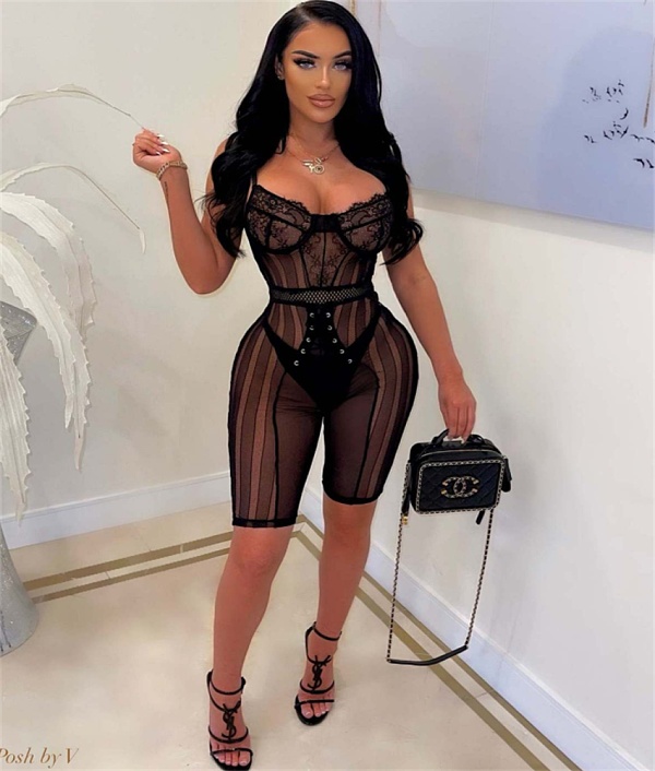 Lace Sheer Mesh See Through Bodycon Romper OSM-4358