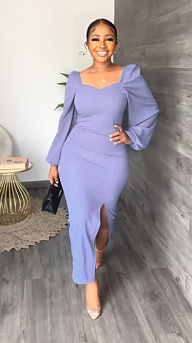 Solid Color Elegant Lantern Sleeve Slit Pencil Dresses LS-0374