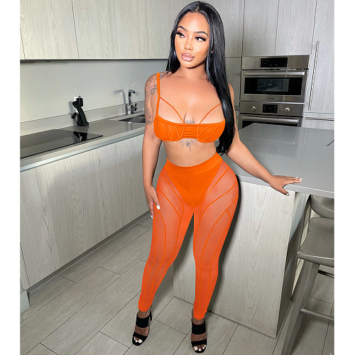 Sexy Bra Crop Top+Patchwork Sheer Mesh Pants Outfits BY-5799
