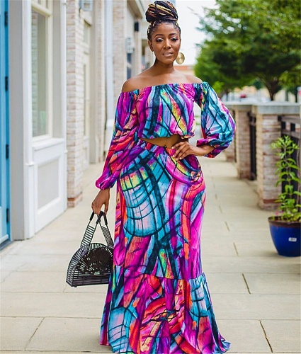 Off Shoulder Long Sleeve Crop Tops+Maxi Skirt Sets RS-6838