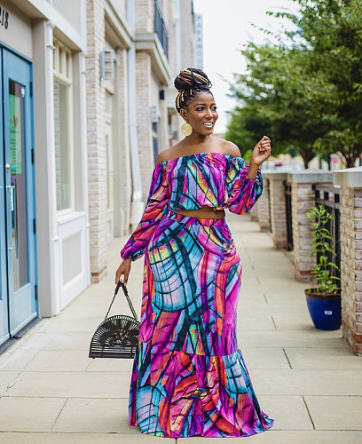 Off Shoulder Long Sleeve Crop Tops+Maxi Skirt Sets RS-6838