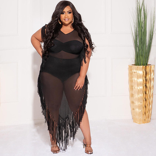 Cover Up Sheer Mesh Tassel Side Beach Dress JLY-19371