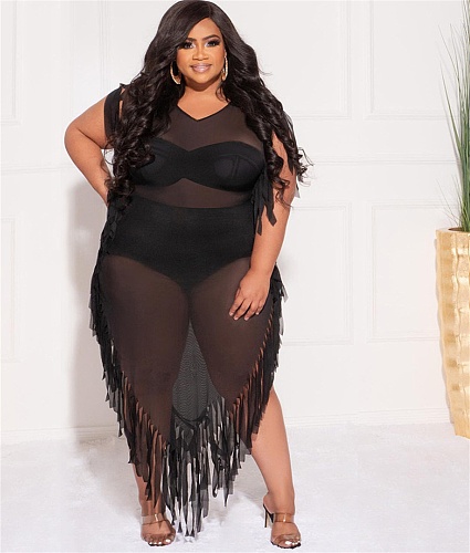 Cover Up Sheer Mesh Tassel Side Beach Dress JLY-19371