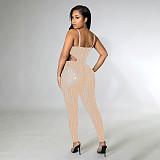 Elegant Hot Drill Cut Out Mesh Bodycon Jumpsuit SH-390330