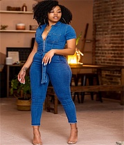Short Sleeve Lapel Zipper Lace-up Denim Jumpsuit LX-6930