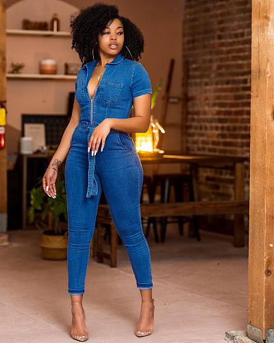 Short Sleeve Lapel Zipper Lace-up Denim Jumpsuit LX-6930