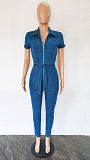 Short Sleeve Lapel Zipper Lace-up Denim Jumpsuit LX-6930