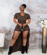Knitted High Split Long Tops+Slim Shorts Two Piece Set MUX-6107