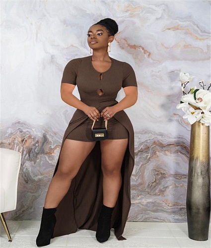 Knitted High Split Long Tops+Slim Shorts Two Piece Set MUX-6107