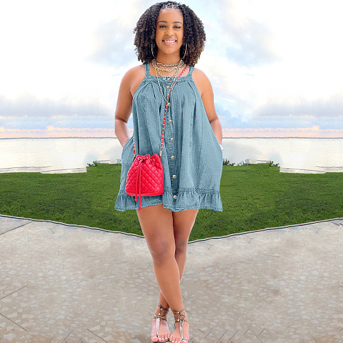 Sleeveless Ruffle Hem Single-breasted Denim Dress BGN-250