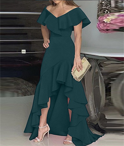Off Shoulder V Neck Elegant Ruffle Split Evening Dress HX-1168