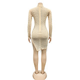 Long Sleeve Mesh Perspective Hot Drill Tassel Dresses BY-5216