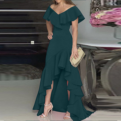 Off Shoulder V Neck Elegant Ruffle Split Evening Dress HX-1168