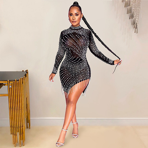 Long Sleeve Mesh Perspective Hot Drill Tassel Dresses BY-5216