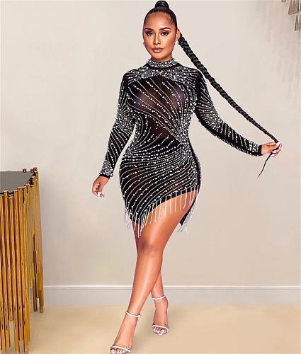 Long Sleeve Mesh Perspective Hot Drill Tassel Dresses BY-5216