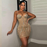 Mesh See Through Hot Drill Tassels Cocktail Dress NY-9007