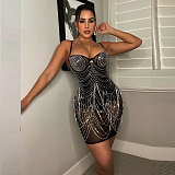 Mesh See Through Hot Drill Tassels Cocktail Dress NY-9007