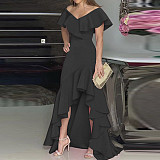 Off Shoulder V Neck Elegant Ruffle Split Evening Dress HX-1168