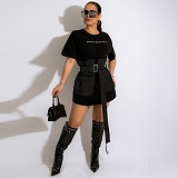 Short Sleeve Patchwork Denim Belt T-Shirts Dress HANI-087-1